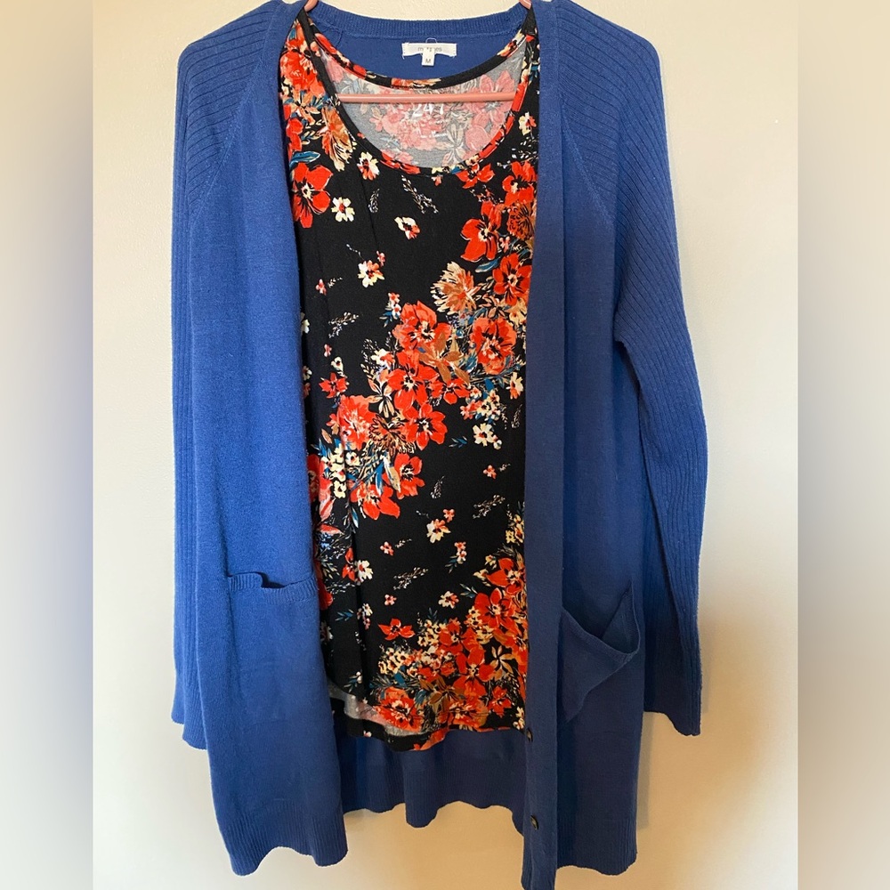Maurices Royal Blue Cardigan and Floral Tank Top